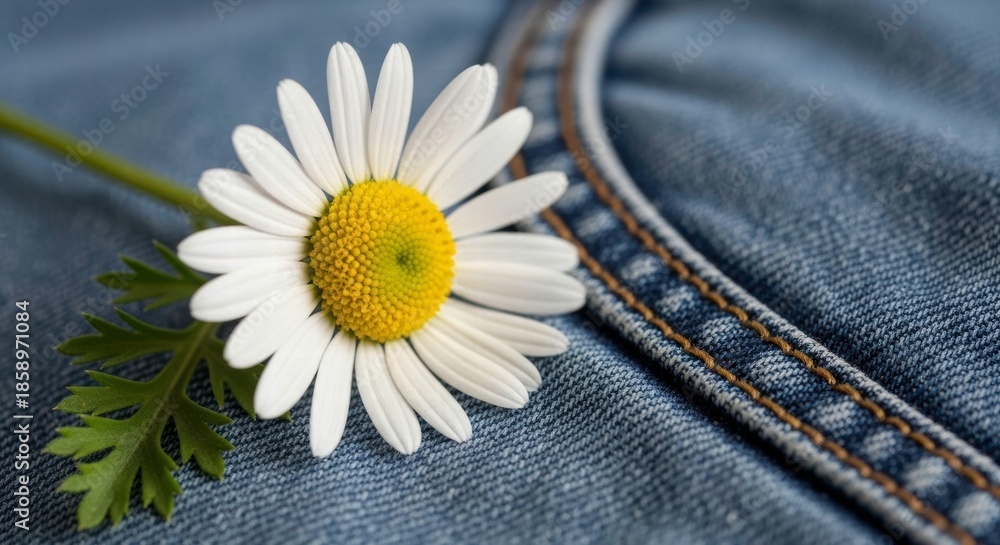 Obraz premium Daisy Bloom on Denim: A delicate daisy, with its pure white petals and sunny yellow center, rests gently upon a textured denim surface, portraying a moment of simplicity and charm.