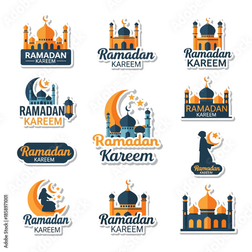 Collection of Ramadan Kareem Logos and Emblems with Mosque and Crescent Moon Designs