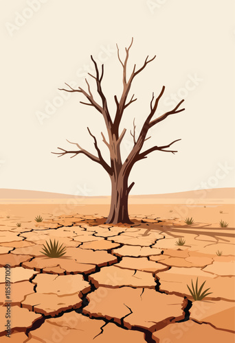 Barren landscape with a lone, leafless tree standing on cracked, dry earth under a pale sky