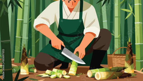 Person crouched, harvesting and preparing bamboo shoots in a dense bamboo forest