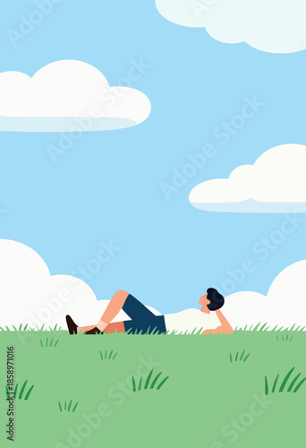 Person lying in green grass, looking up at blue sky and white clouds