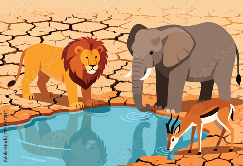 Wildlife gathers at a watering hole on cracked, dry earth