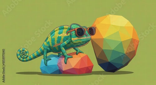 Chameleon's Geometric Charm: A vibrant chameleon, adorned with sunglasses, rests gracefully beside a colorful geometric form. The scene blends the beauty of nature with the allure of modern art