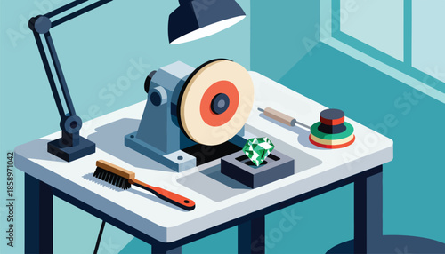 A workspace with a polishing machine, diamond, and lamp