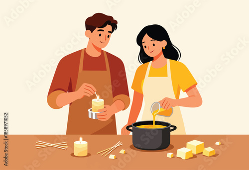 Couple crafting scented candles together, pouring melted wax into molds