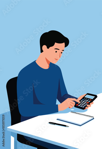 A man sits at a desk, using a calculator, with a notebook and pen