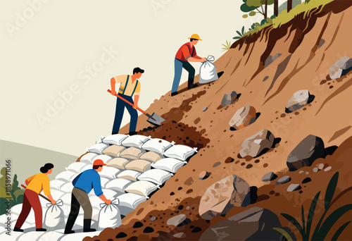 Workers reinforce a hillside with sandbags and shovels to prevent erosion