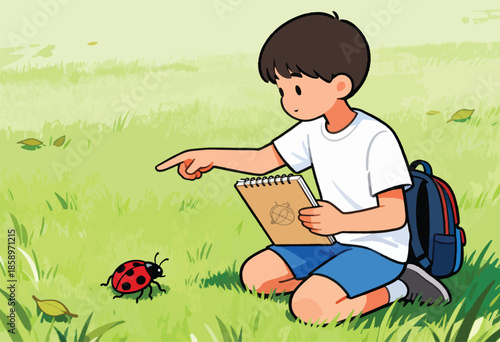 Young boy kneels in grass, pointing at a ladybug while holding a sketchbook