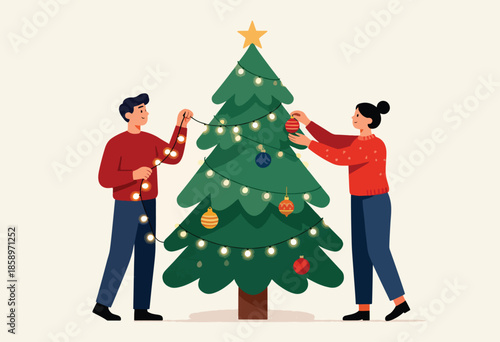 Couple decorating a Christmas tree with lights and ornaments