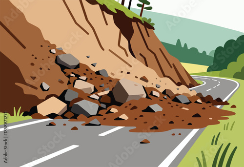 Rockslide debris obstructs a winding road, blocking passage