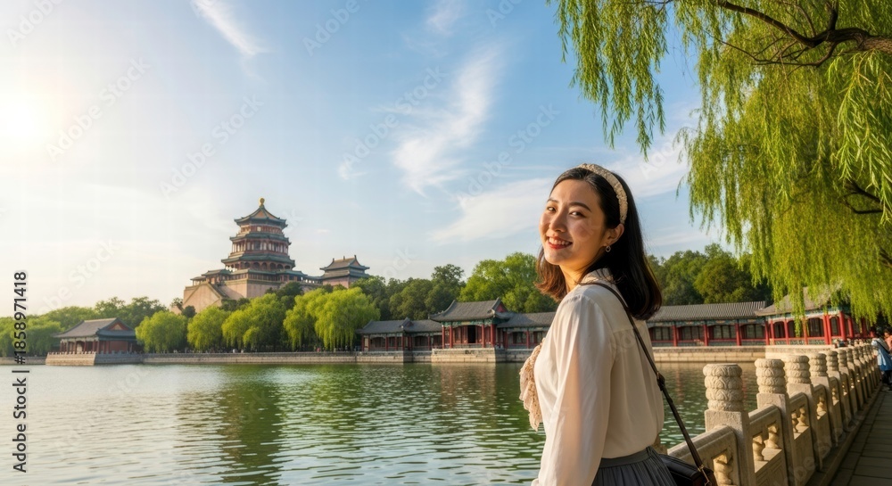 Fototapeta premium Joyful Journey: A woman's smile brightens a scenic promenade with a historic building, trees, and serene waters, reflecting on a beautiful day of travel.