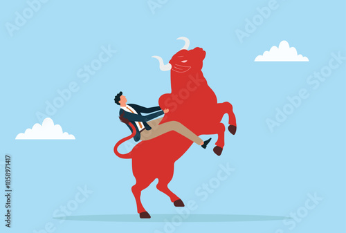 Vector illustration of a businessman riding on the back of a powerful red bull, symbolizing market strength, bold decisions, and confidence in the rising economy
