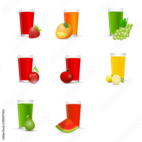 A colorful illustration of various juice glasses with fruits on a white background