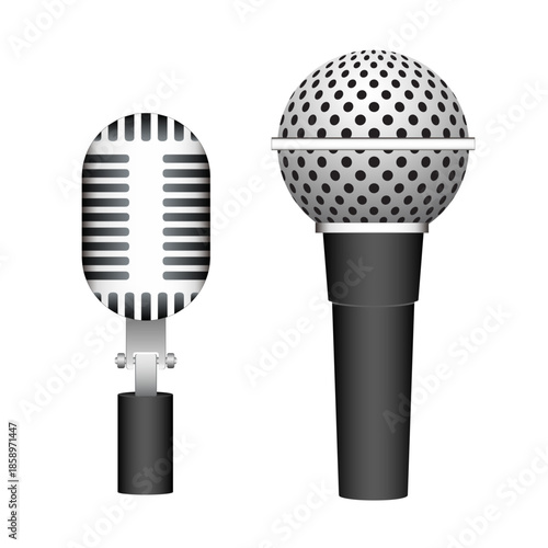 A vector graphic illustration of two vintage microphones on a white background