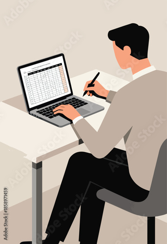 Person works on laptop at desk with spreadsheet, writes with pen