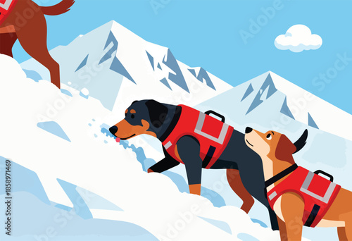 Three rescue dogs wearing red vests navigate a snowy mountainside