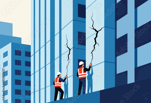 Workers assess damage on a cracked building facade