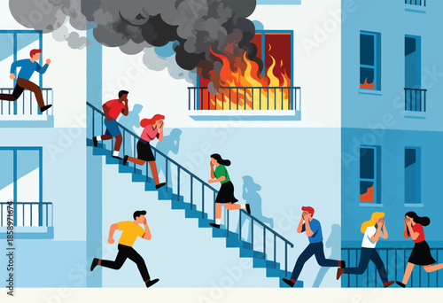 People evacuating building in panic during a fire