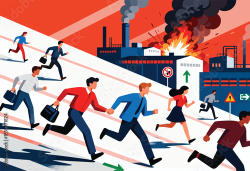 People fleeing a burning factory