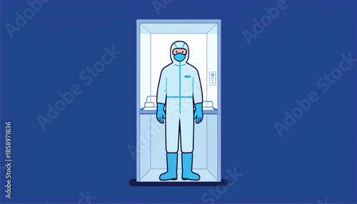 Person in protective suit inside a cleanroom chamber