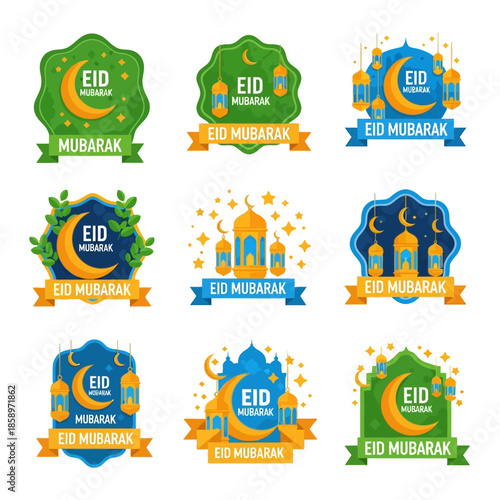 Festive Eid Mubarak Badges Celebrate the Muslim Holiday with Colorful Designs and Wishes
