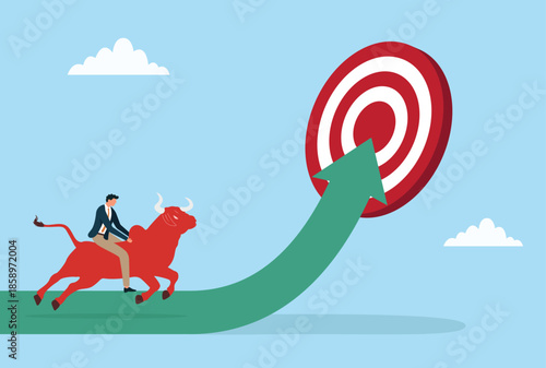 Vector illustration of a businessman riding a red bull towards a target, symbolizing ambition, determination, and the pursuit of goals in a dynamic business setting
