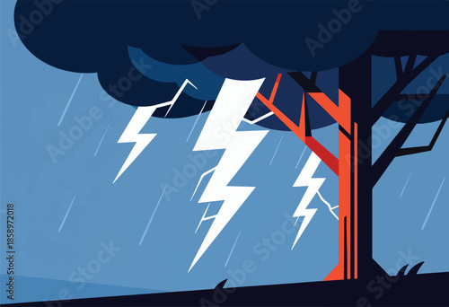A dark, stormy sky with rain and lightning strikes behind a stylized tree