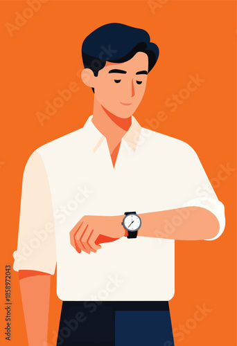 Man in white shirt checks time on wrist watch, orange background