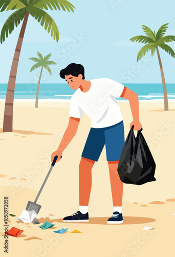 Person cleaning trash on a beach with palm trees and ocean in background