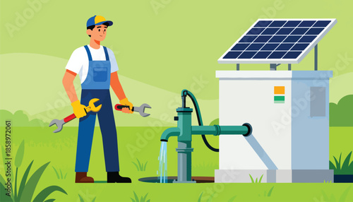 Technician repairs solar-powered water pump in a green field
