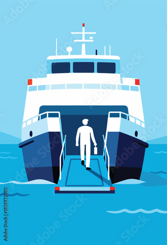 Minimalist illustration of a ferry with a person disembarking onto a ramp
