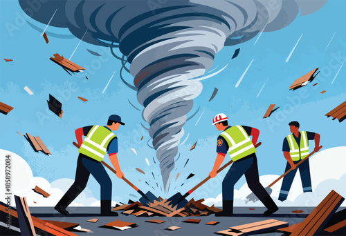 Rescuers clear debris from tornado damage as swirling winds rip through the sky