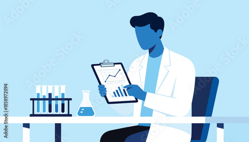 Scientist analyzing data with test tubes and flask