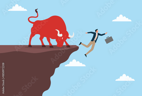 Vector illustration of a red bull lumping a businessman off a mountaintop, symbolizing sudden challenges, risks, unexpected setbacks, and business pressure
