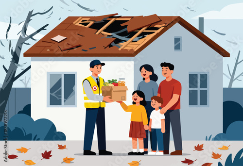 A volunteer delivers food to a family in front of a damaged house