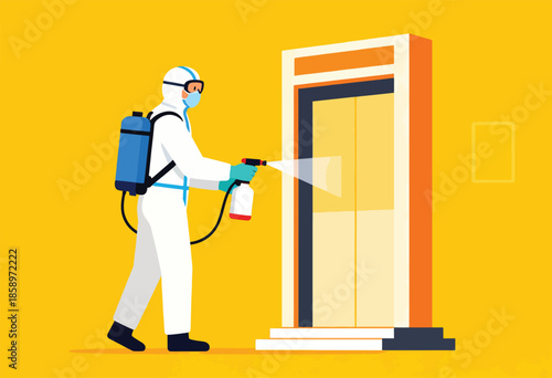 Person in protective suit disinfects elevator doors with a spray backpack