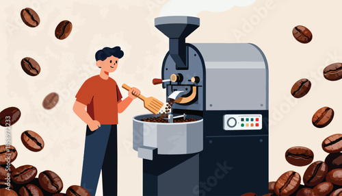 Man uses tool to stir coffee beans in a roaster, surrounded by beans