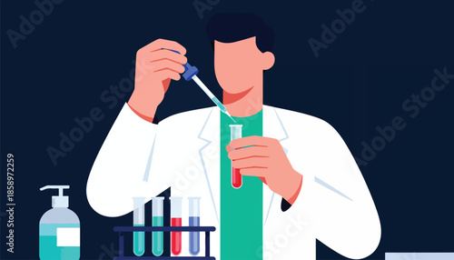 Scientist carefully adding liquid to test tube with dropper
