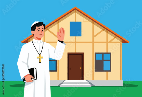 A priest in religious attire stands with a book in front of a house