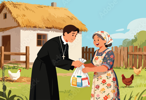 Cleric gifts supplies to smiling woman in rural village with chickens