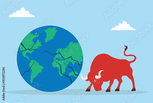 Vector illustration of a red bull breaking a globe, representing bold action, global disruption, power, challenging limits, and unstoppable force
