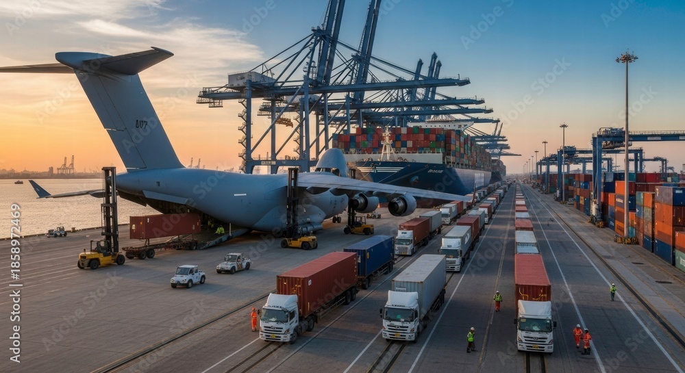 Fototapeta premium Global Logistics Hub: An expansive aerial view showcases a bustling port, where cargo planes and container ships converge to facilitate international trade and transportation.