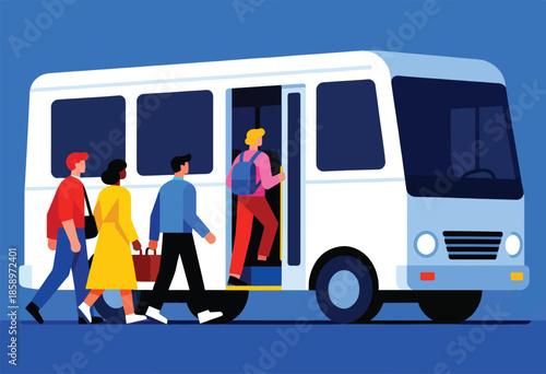 Diverse commuters enter a white bus on a blue background