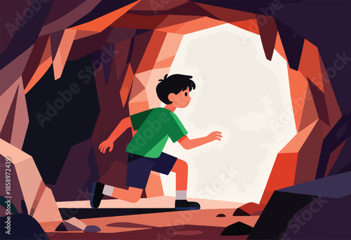 Boy in green shirt and blue shorts running through a cave towards light