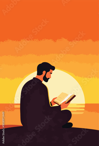 Man reading a book by the sea at sunset