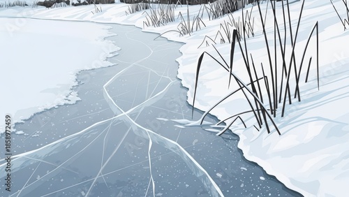 Frozen Lake Surface with Cracks and Reeds in Winter Landscape.