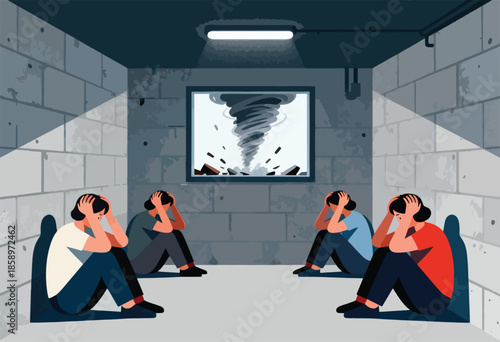 People huddled in distress inside a grey room with a window showing a destructive tornado