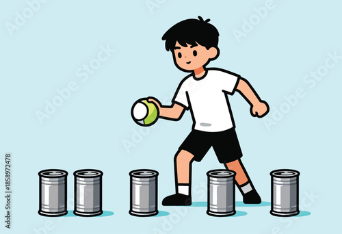 Young person plays a game of throwing a ball at tin cans