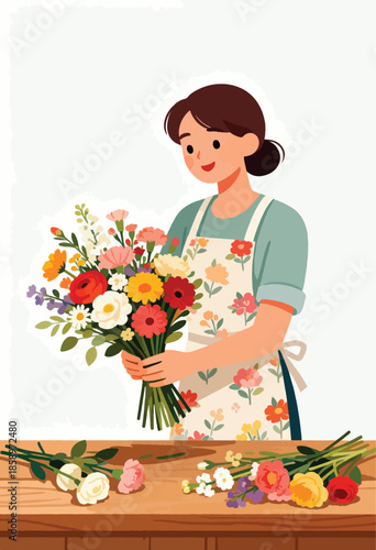 A woman arranges a vibrant bouquet of flowers in her floral apron