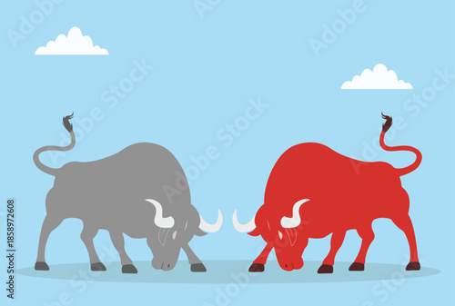 Vector illustration of two bulls fighting, representing rivalry, competition, strength, power struggle, conflict, and intense confrontation in nature or business
